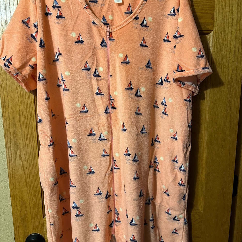 Adonna Coral Sailboat Print Fleece Soft Robe XXL